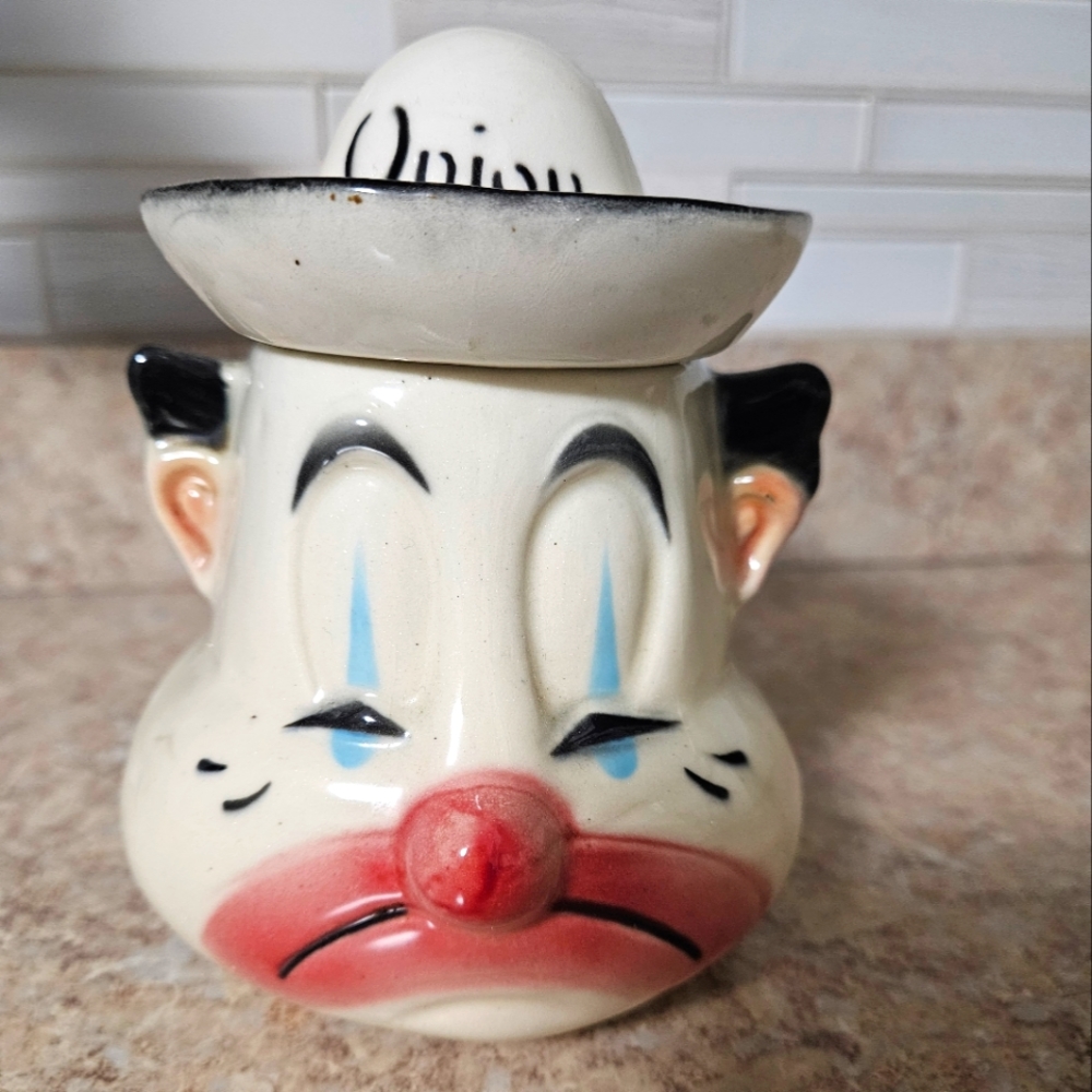 American bisque anthropomorphic crying clown condiment jar.